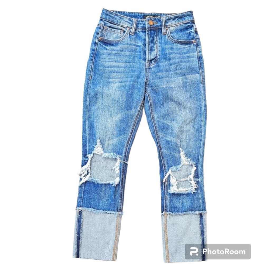 AFRM Distressed Denim Cropped Girlfriend Button Fly Casual Cut